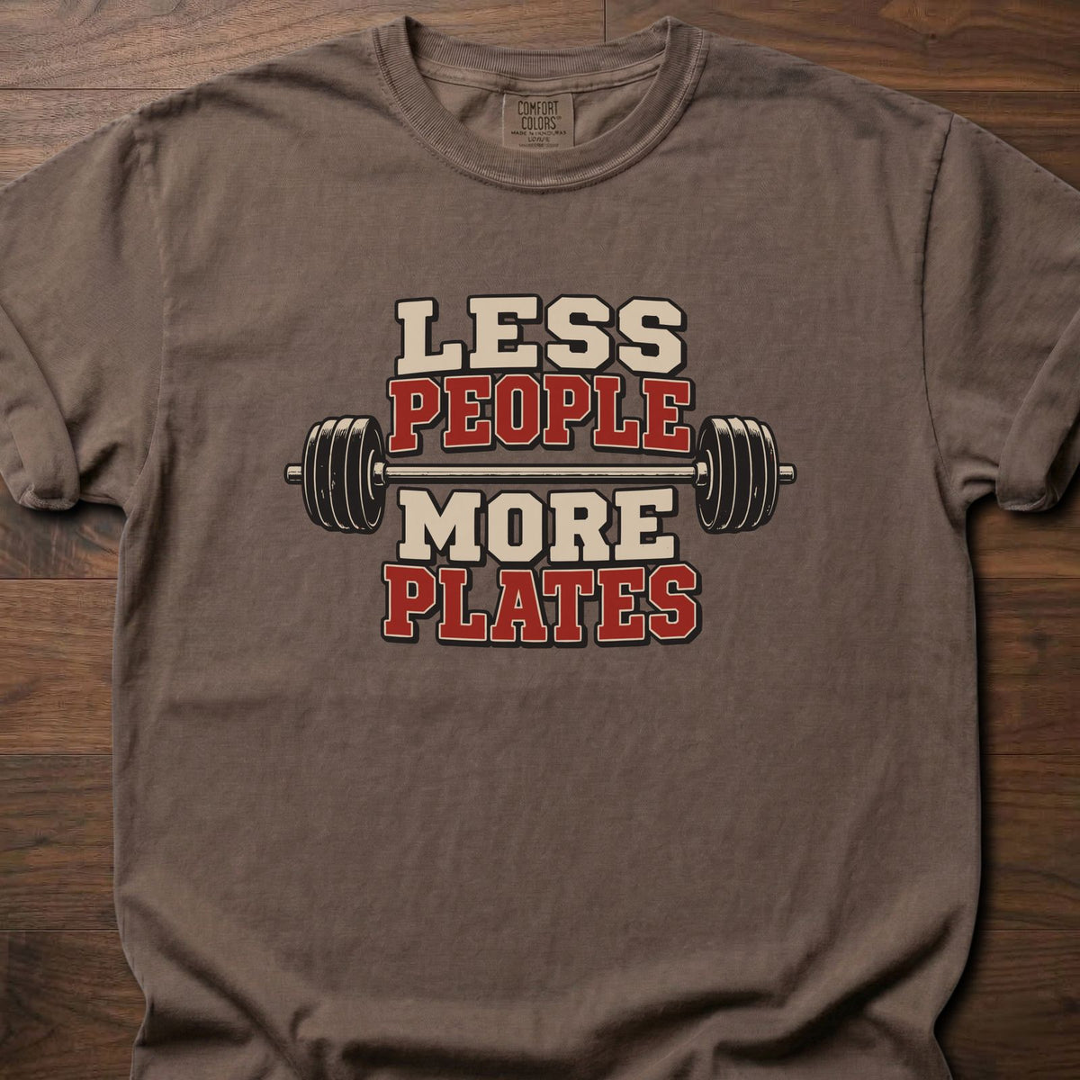 More Plates funny weightlifting shirt with bold collegiate block graphic – Espresso