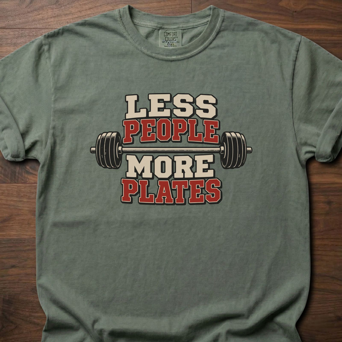 More Plates funny weightlifting shirt with bold collegiate block graphic – Moss
