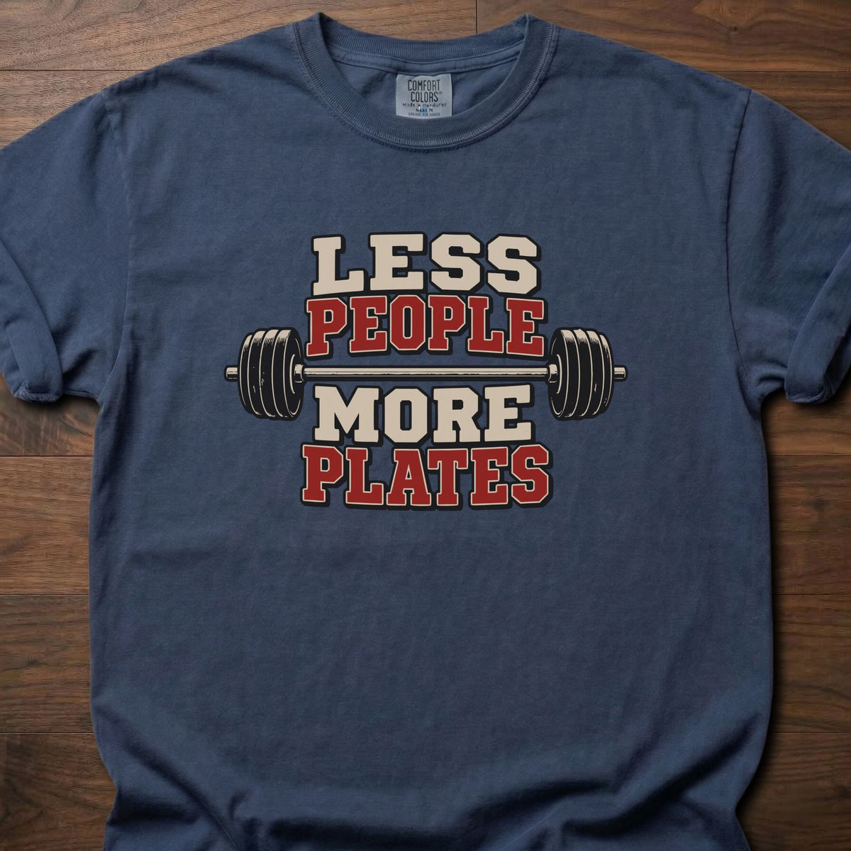More Plates funny weightlifting shirt with bold collegiate block graphic – Navy