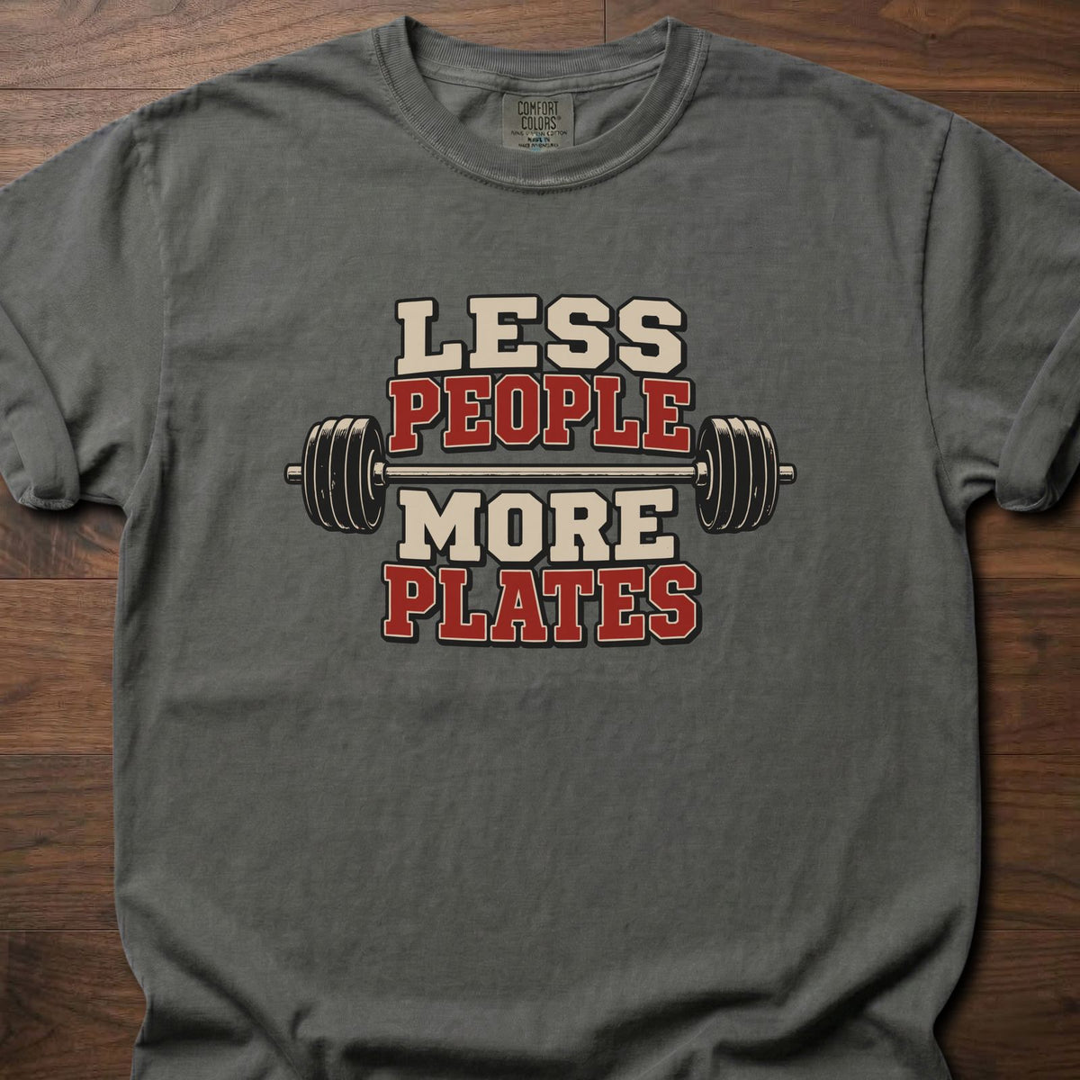 More Plates funny weightlifting shirt with bold collegiate block graphic – Pepper
