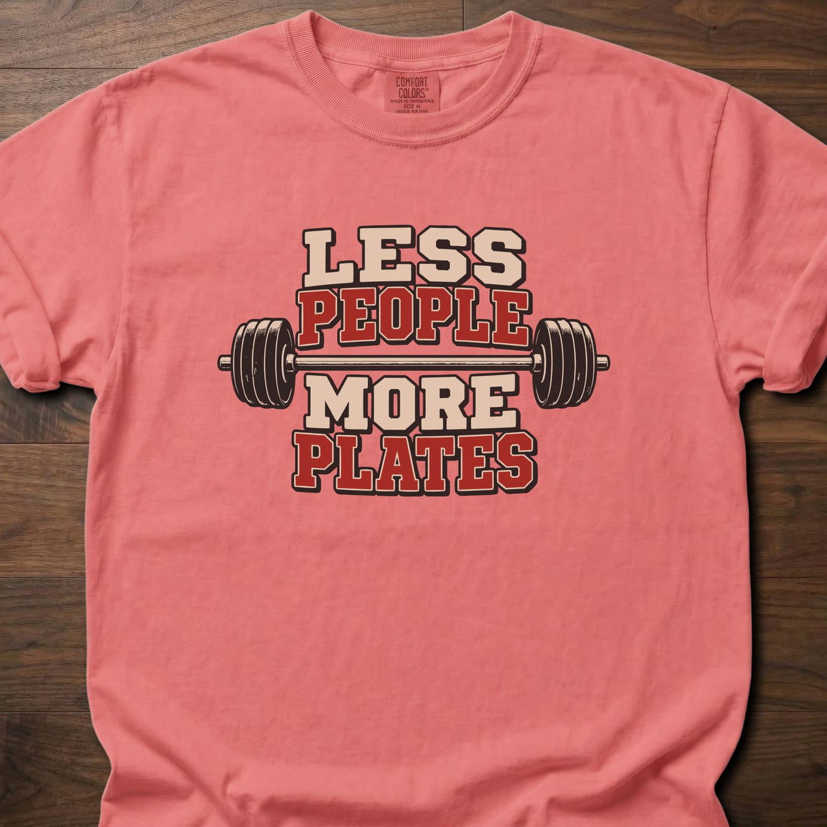 More Plates funny weightlifting shirt with bold collegiate block graphic – Watermelon