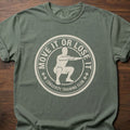 Move It Or Lose It fitness lifestyle apparel featuring figure doing squat inside circular badge design – Moss