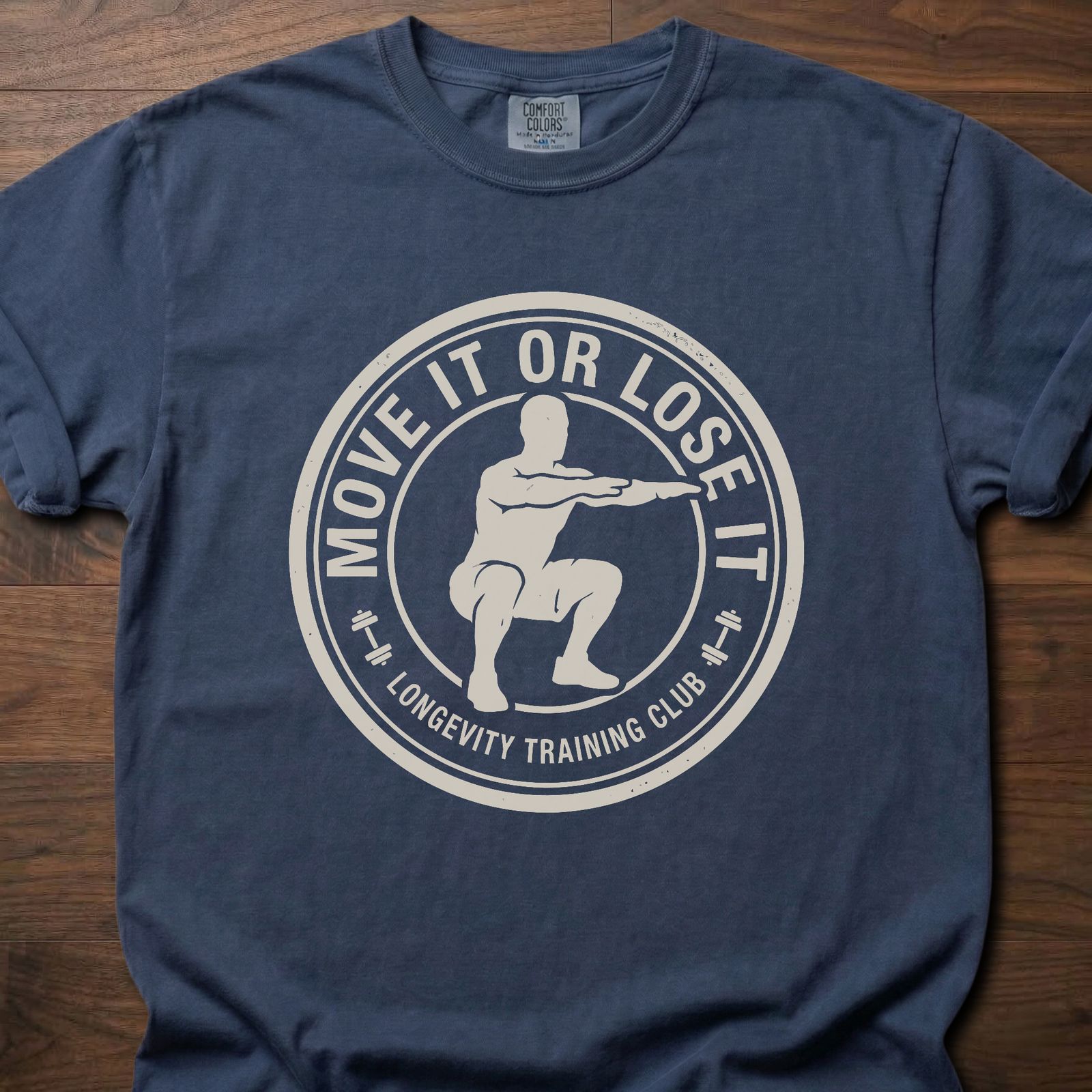 Move It Or Lose It fitness lifestyle apparel featuring figure doing squat inside circular badge design – Navy