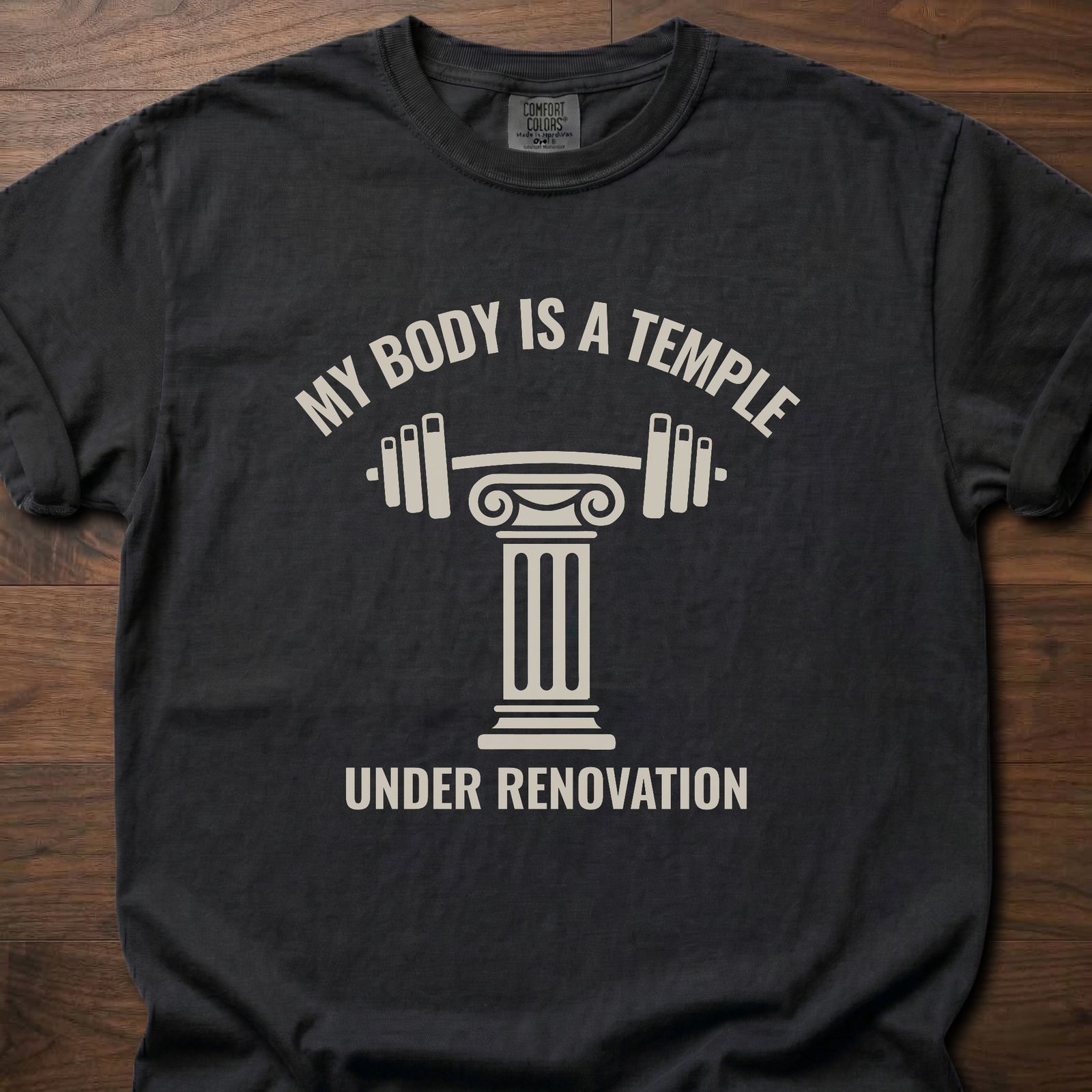 My Body Is A Temple strength training t-shirt with Greek column holding barbell design – Black