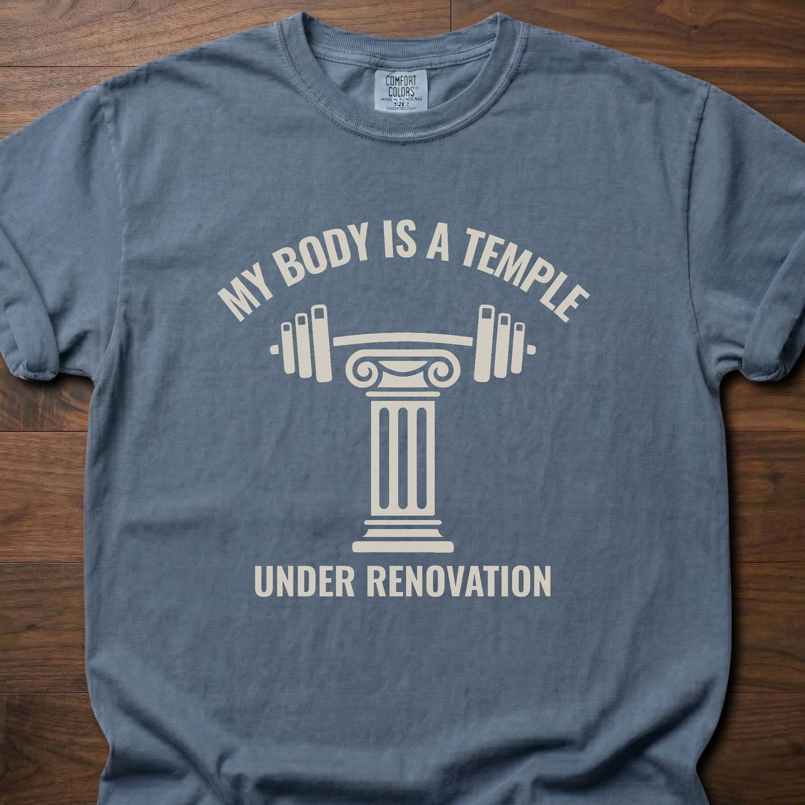 My Body Is A Temple strength training t-shirt with Greek column holding barbell design – Blue Jean