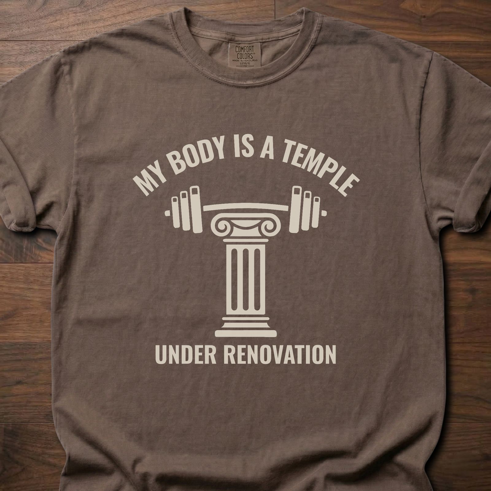 My Body Is A Temple strength training t-shirt with Greek column holding barbell design – Espresso