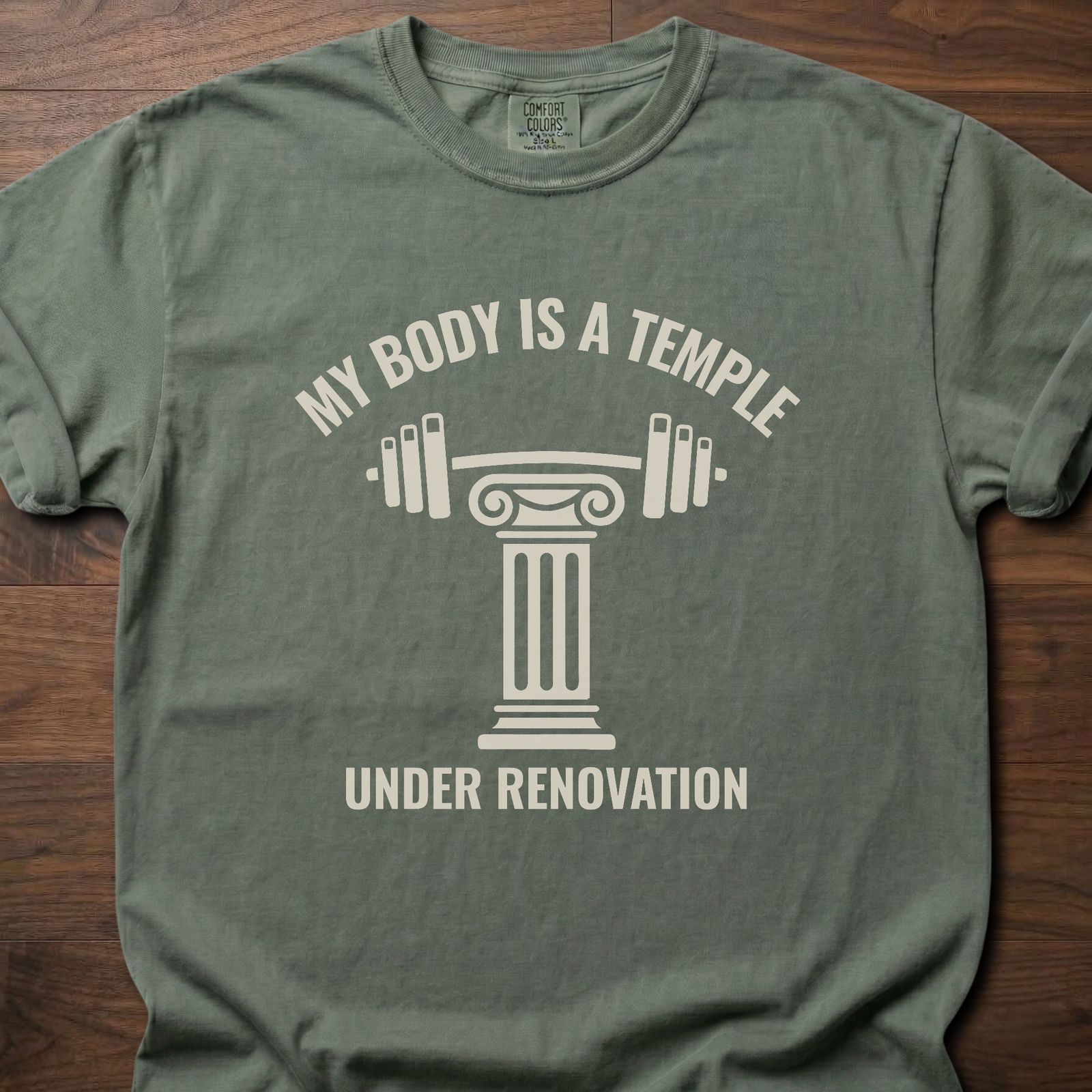 My Body Is A Temple strength training t-shirt with Greek column holding barbell design – Moss