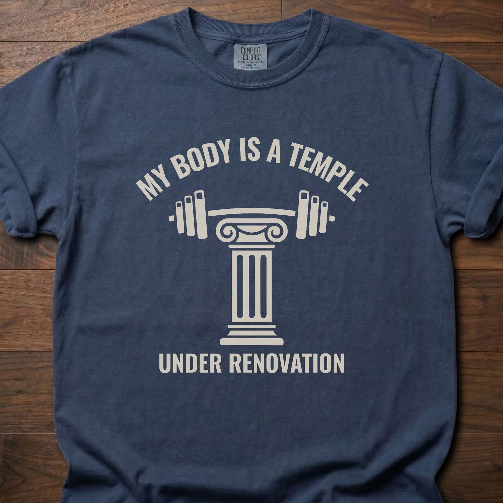 My Body Is A Temple strength training t-shirt with Greek column holding barbell design – Navy