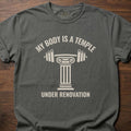 My Body Is A Temple strength training t-shirt with Greek column holding barbell design – Pepper