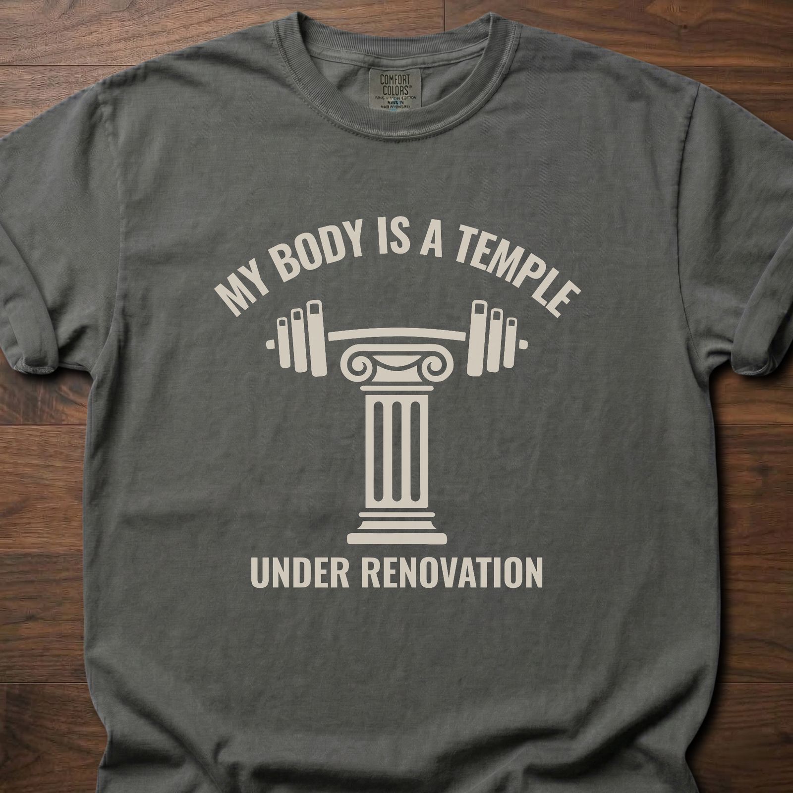 My Body Is A Temple strength training t-shirt with Greek column holding barbell design – Pepper