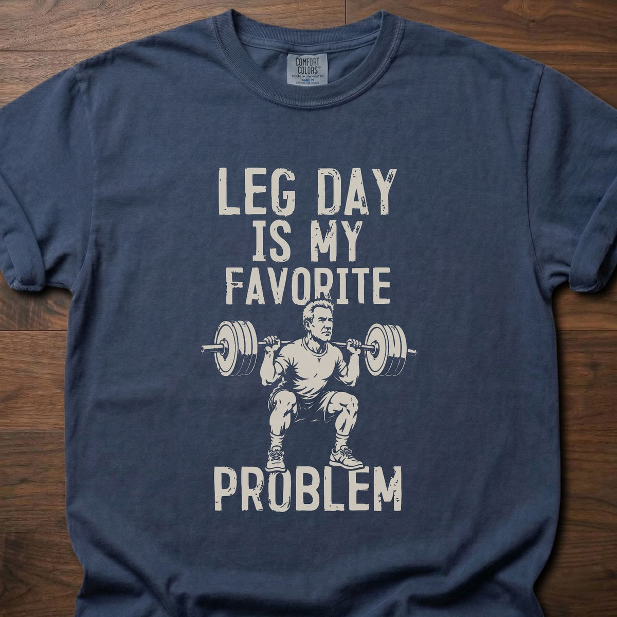 My Favorite Problem funny weightlifting shirt with distressed bold typographic graphic – Navy