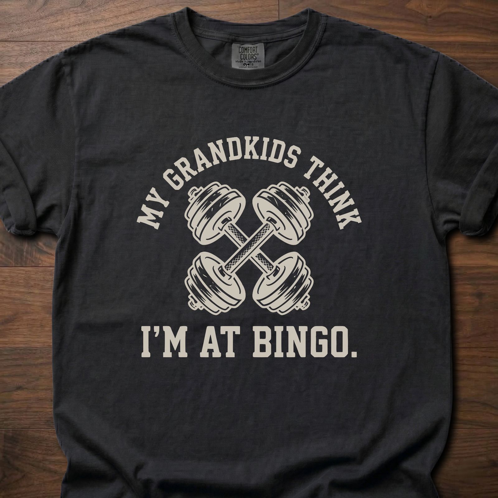My Grandkids Think strength training t-shirt with crossed dumbbells and bingo humor – Black