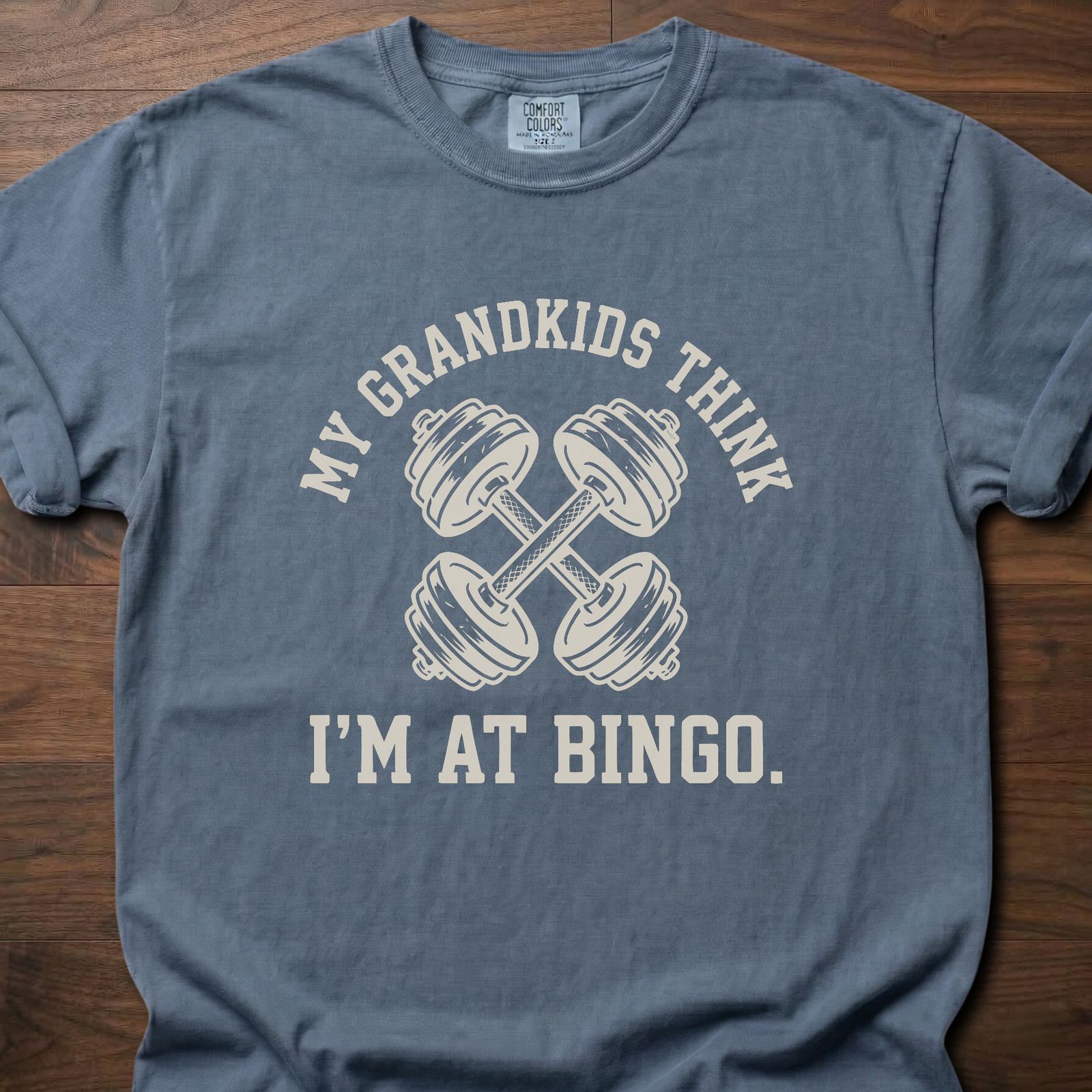 My Grandkids Think strength training t-shirt with crossed dumbbells and bingo humor – Blue Jean