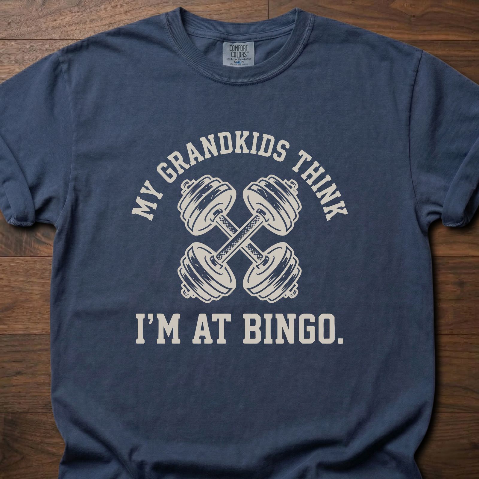 My Grandkids Think strength training t-shirt with crossed dumbbells and bingo humor – Navy