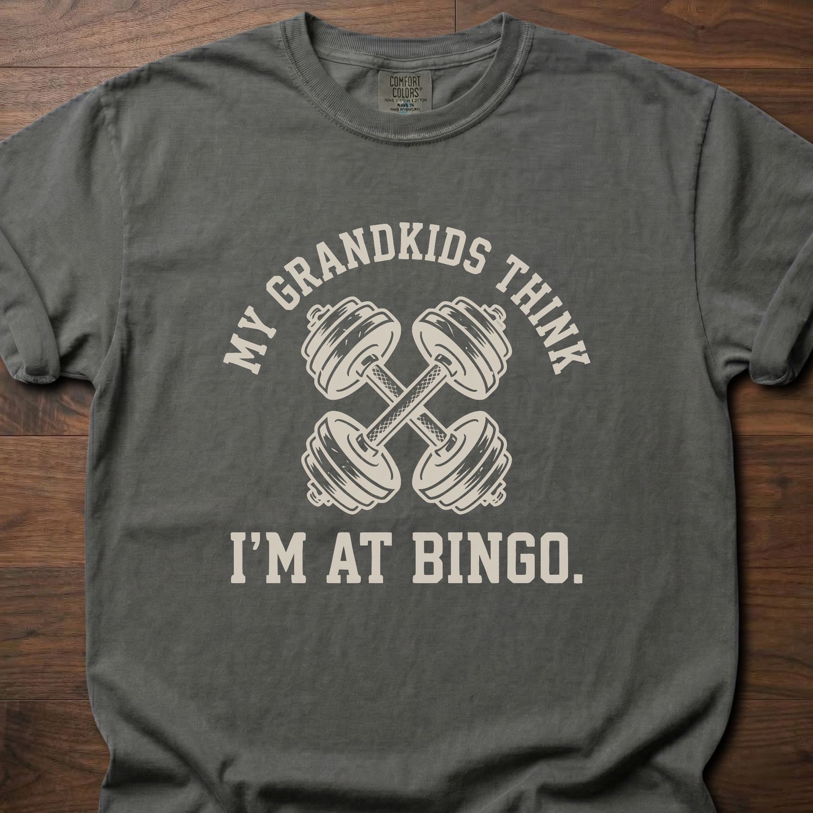 My Grandkids Think strength training t-shirt with crossed dumbbells and bingo humor – Pepper
