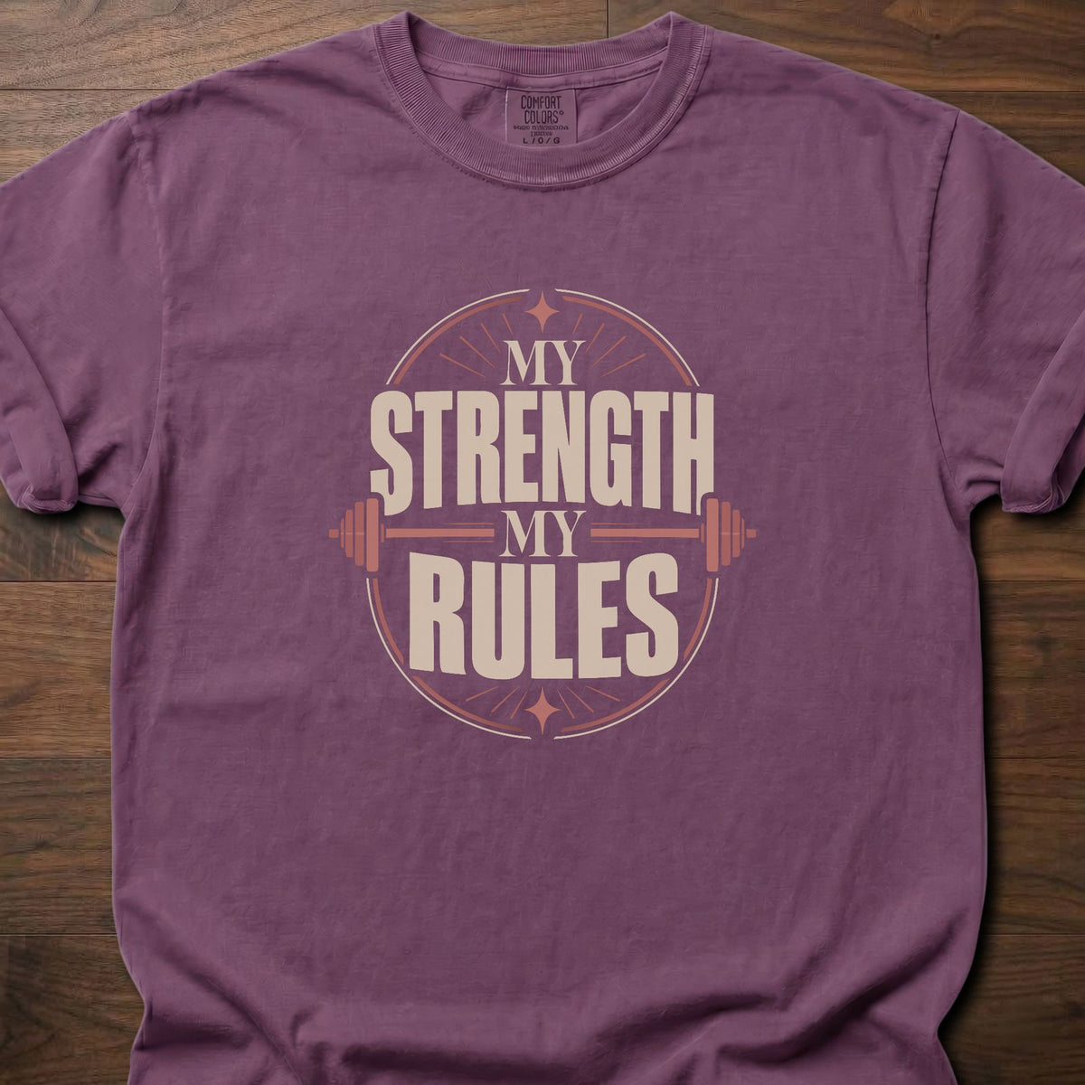 My Strength My Rules strength training t-shirt with bold vintage block letter graphic – Berry