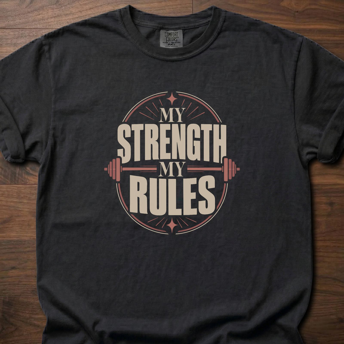 My Strength My Rules strength training t-shirt with bold vintage block letter graphic – Black