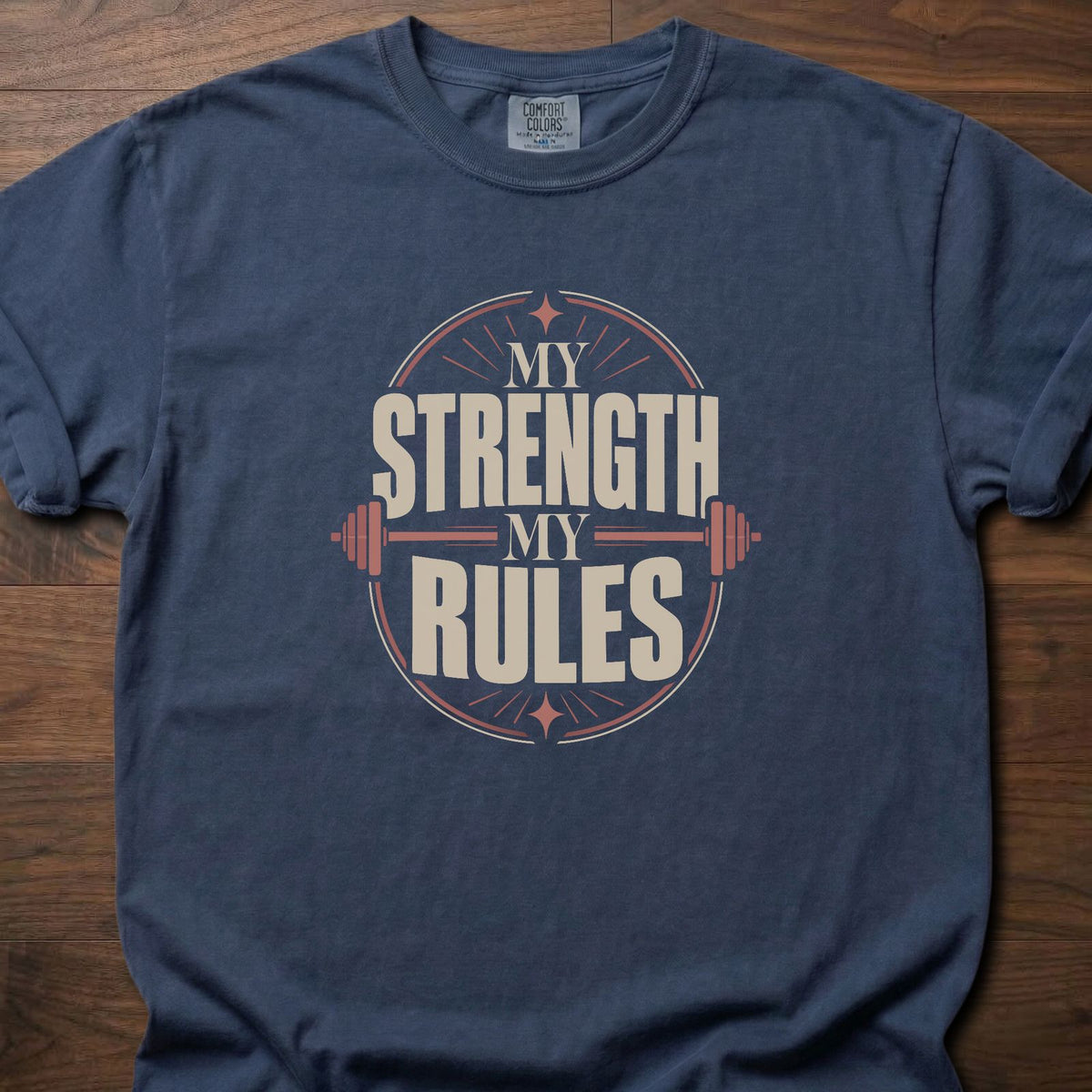 My Strength My Rules strength training t-shirt with bold vintage block letter graphic – Navy