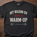 My Warm-Up gym lifestyle shirt with barbell graphic and bold layered typography – Black