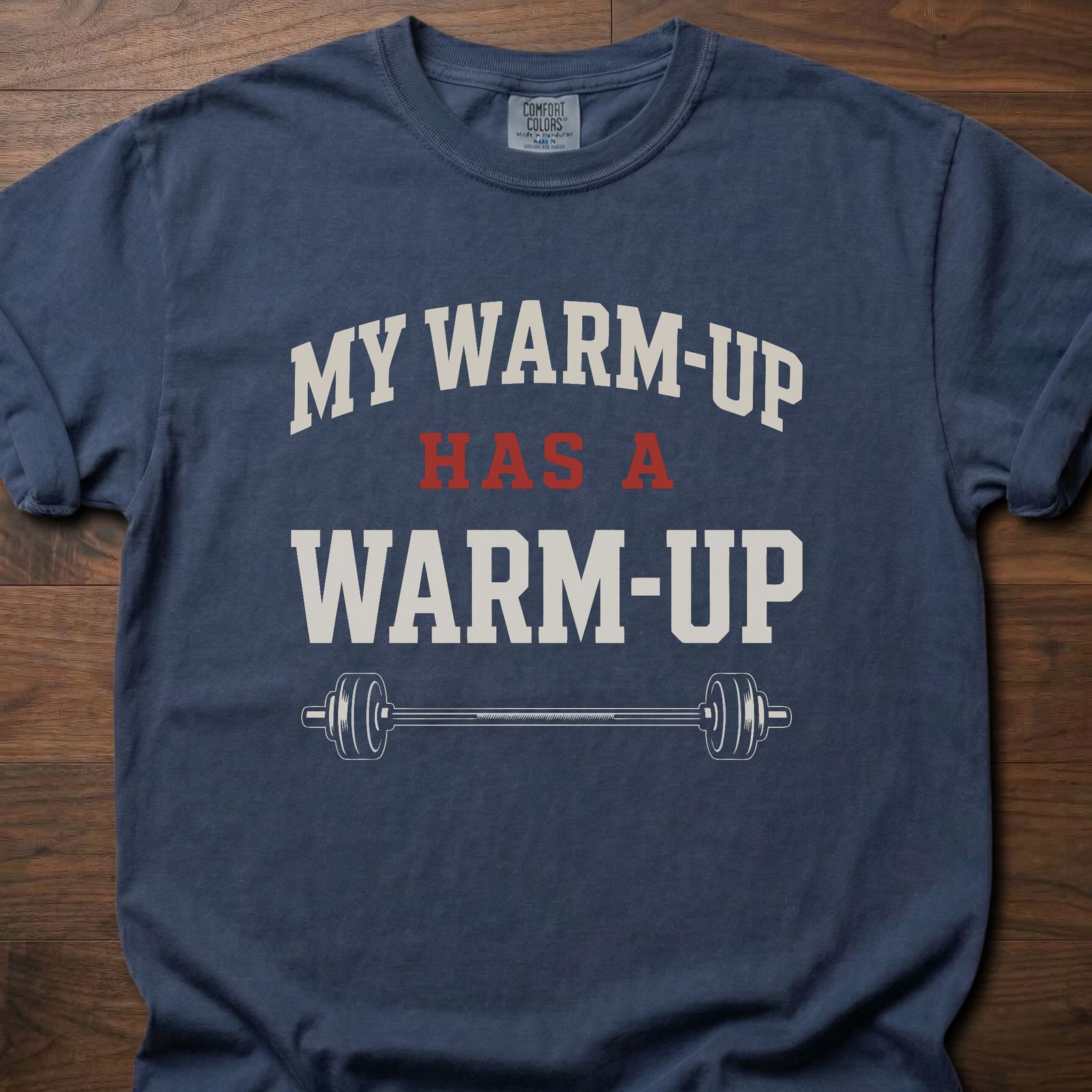 My Warm-Up gym lifestyle shirt with barbell graphic and bold layered typography – Navy