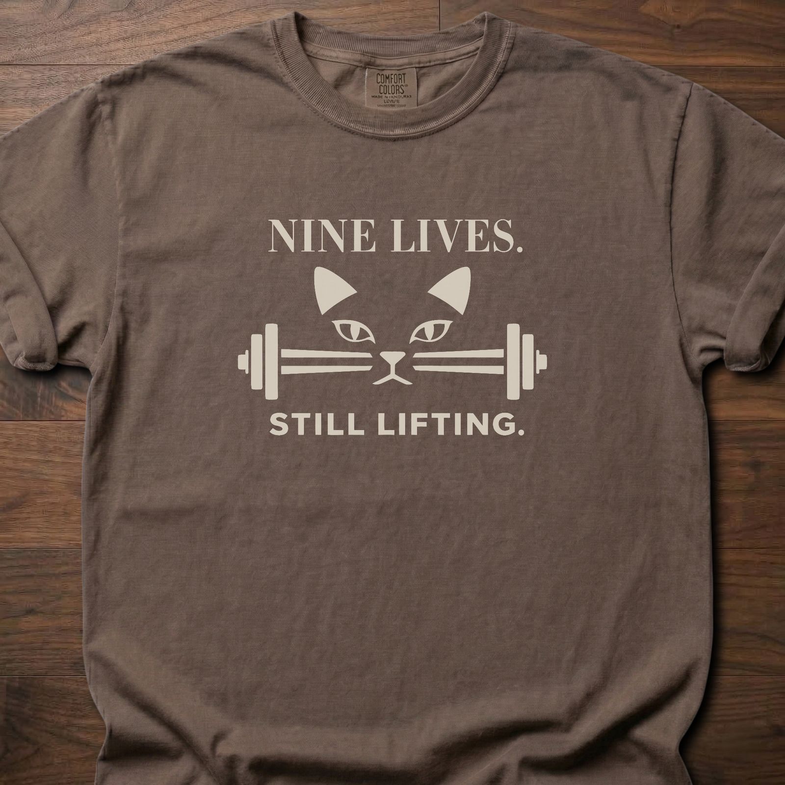 Nine Lives strength training lifestyle t-shirt with cat face and barbell graphic – Espresso