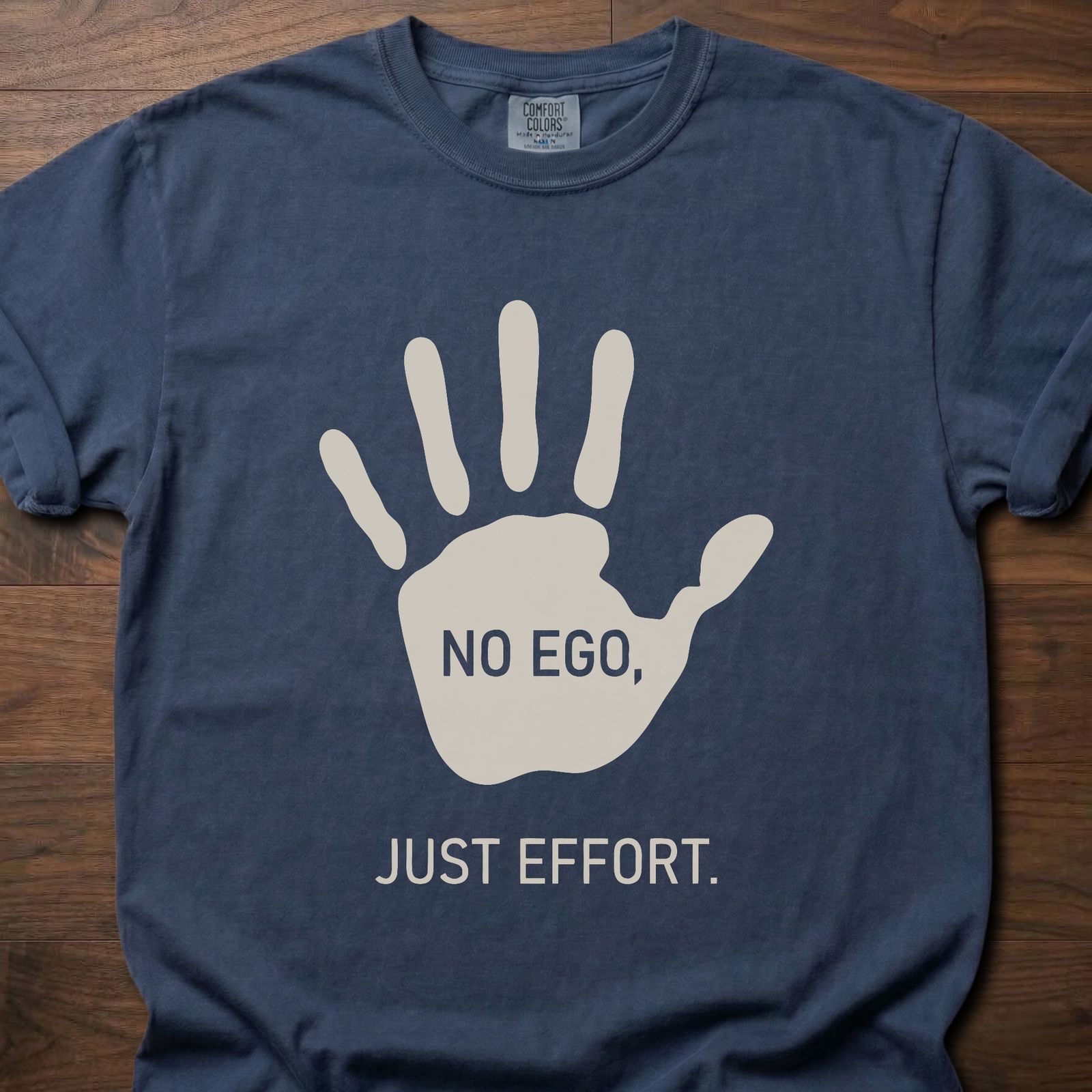 No Ego Just Effort strength training clothing featuring hand print with motivational message – Navy