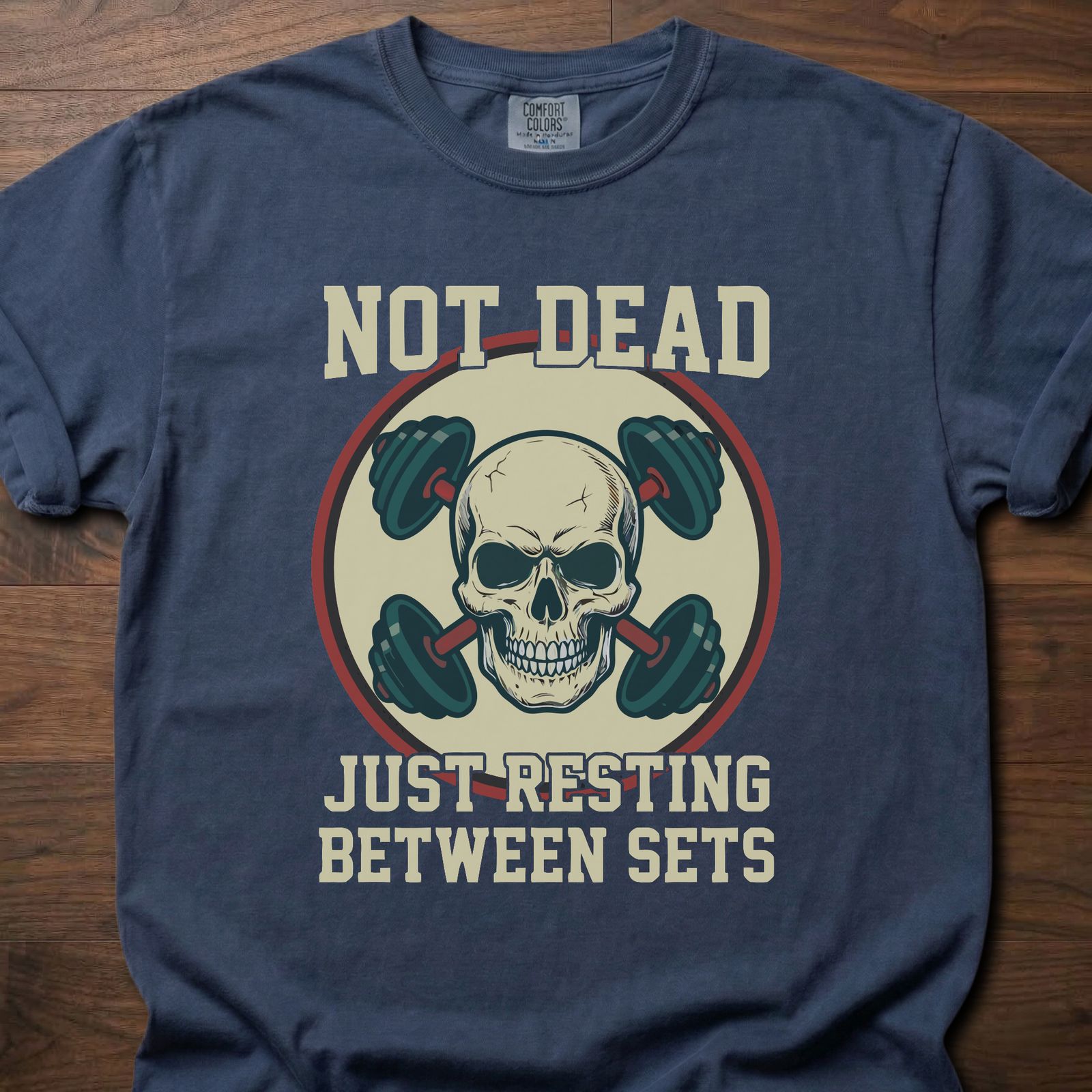 Not Dead Just Resting strength training t shirt with skull and dumbbells design – Navy