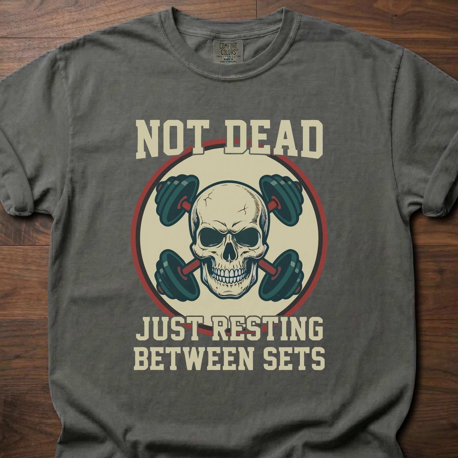 Not Dead Just Resting strength training t shirt with skull and dumbbells design – Pepper