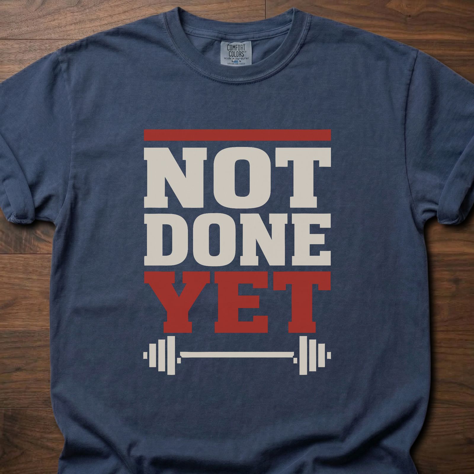 Not Done Yet longevity fitness apparel featuring bold text with barbell graphic – Navy