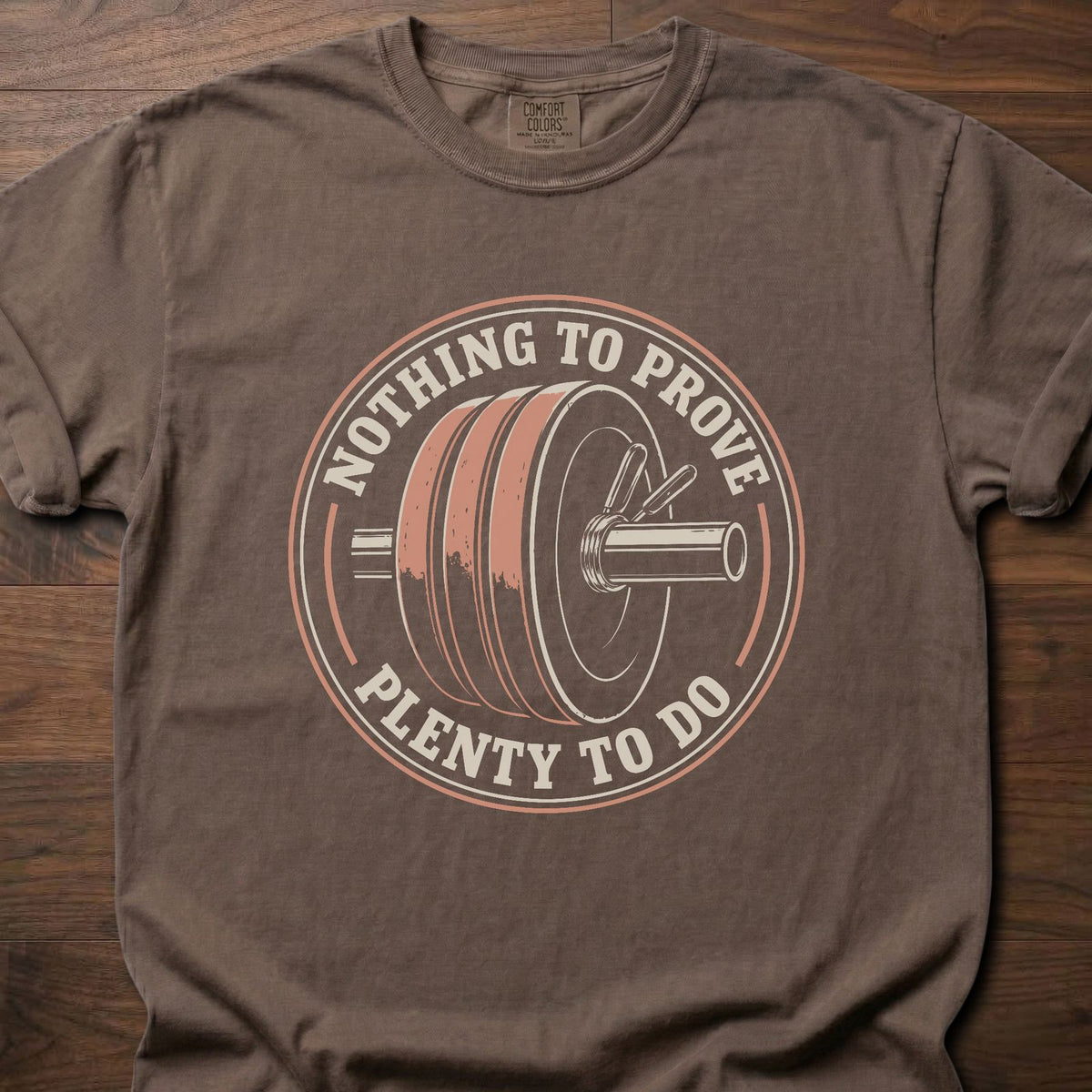 Nothing To Prove weightlifting t-shirt with vintage distressed circular graphic – Espresso