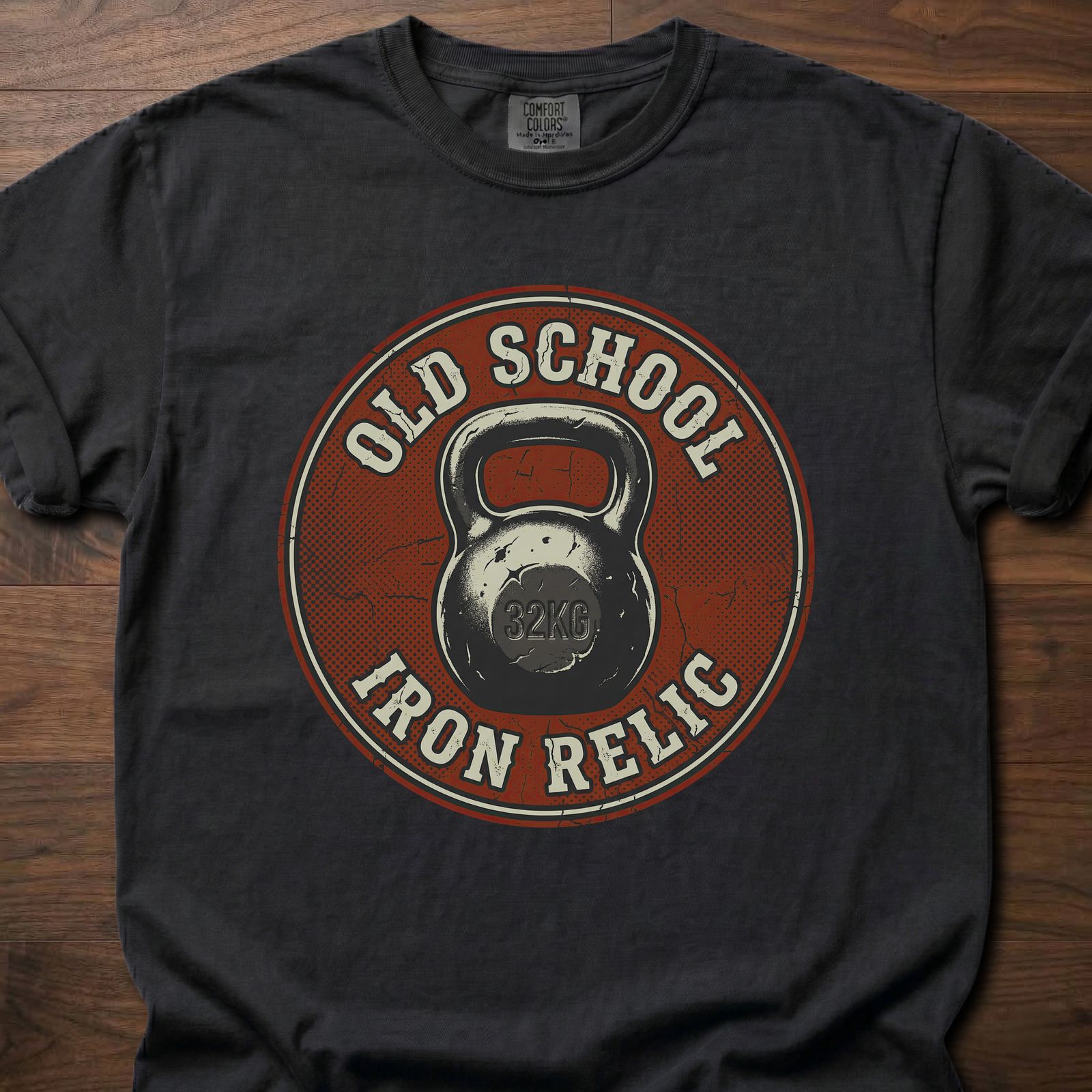 Old School Iron Relic strength training t-shirt featuring vintage kettlebell design – Black