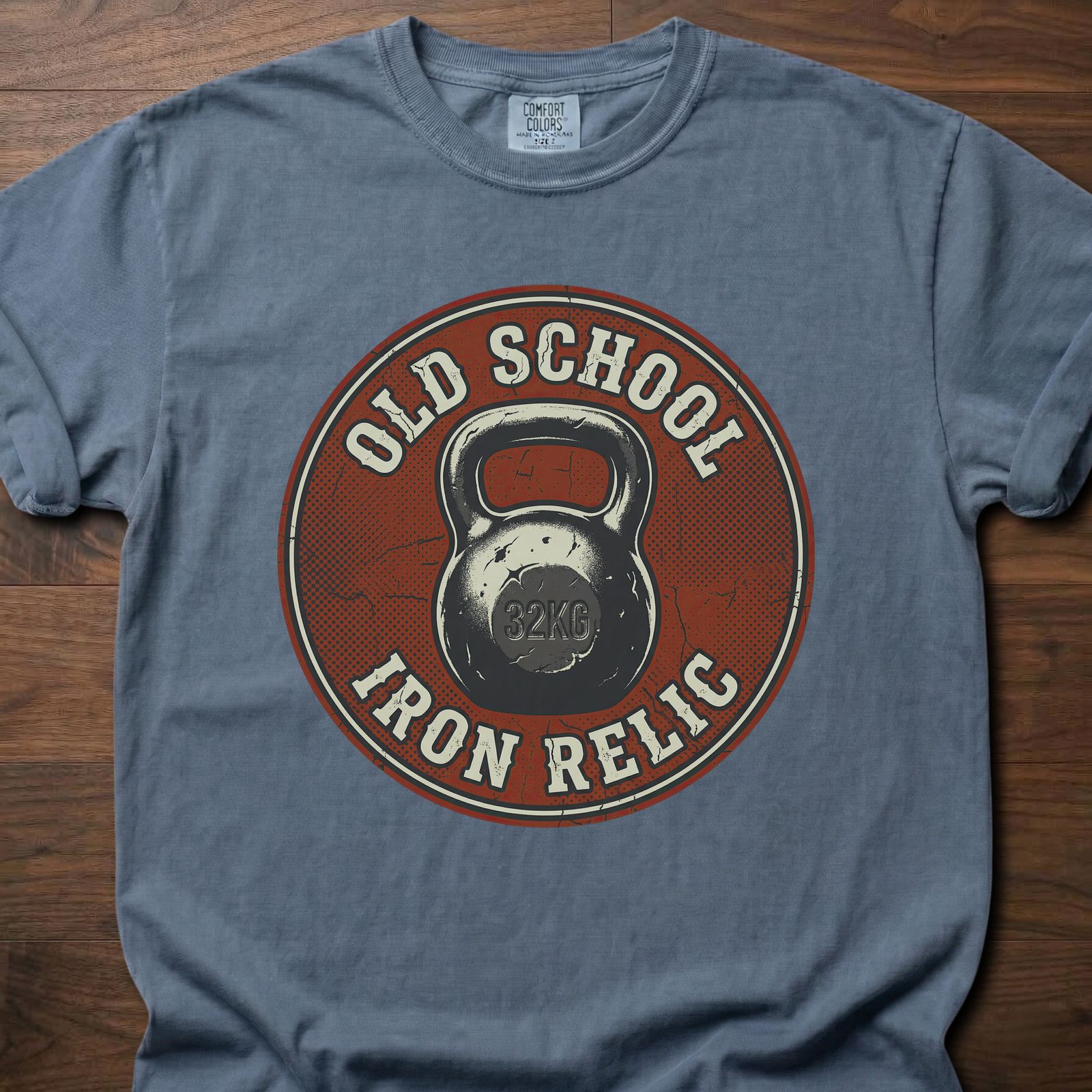 Old School Iron Relic strength training t-shirt featuring vintage kettlebell design – Blue Jean