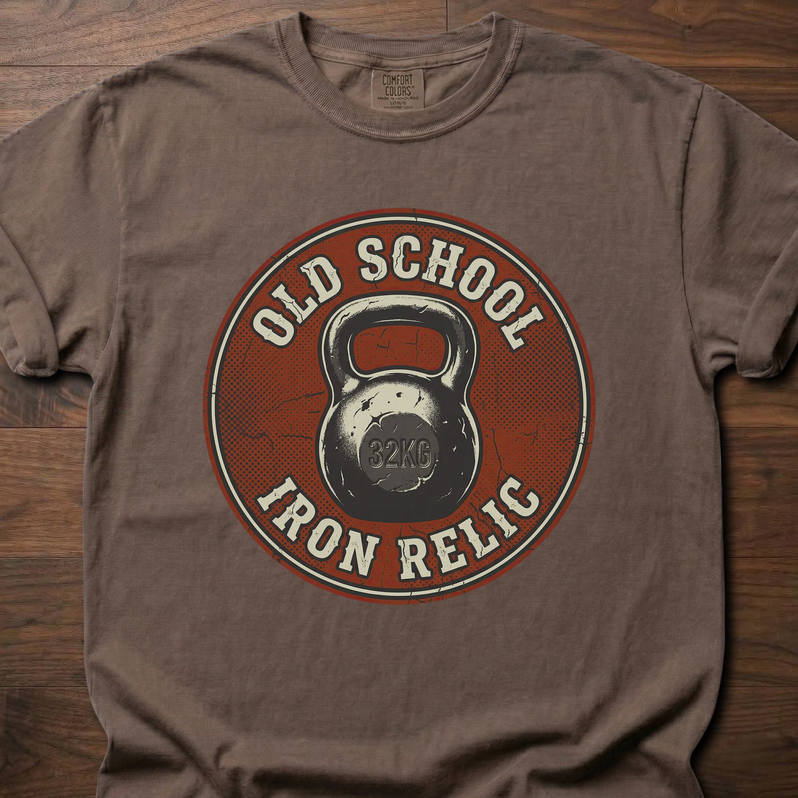 Old School Iron Relic strength training t-shirt featuring vintage kettlebell design – Espresso