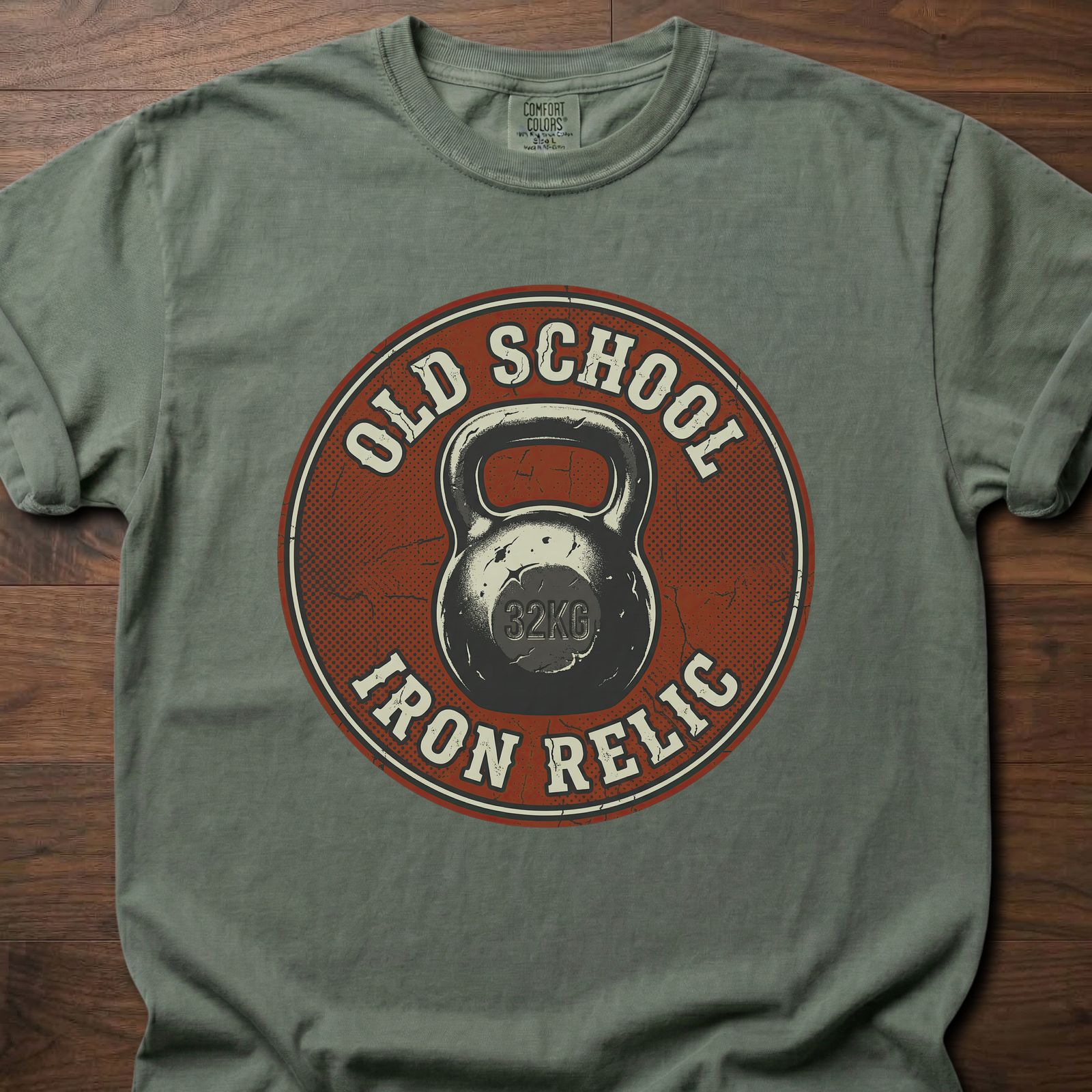 Old School Iron Relic strength training t-shirt featuring vintage kettlebell design – Moss