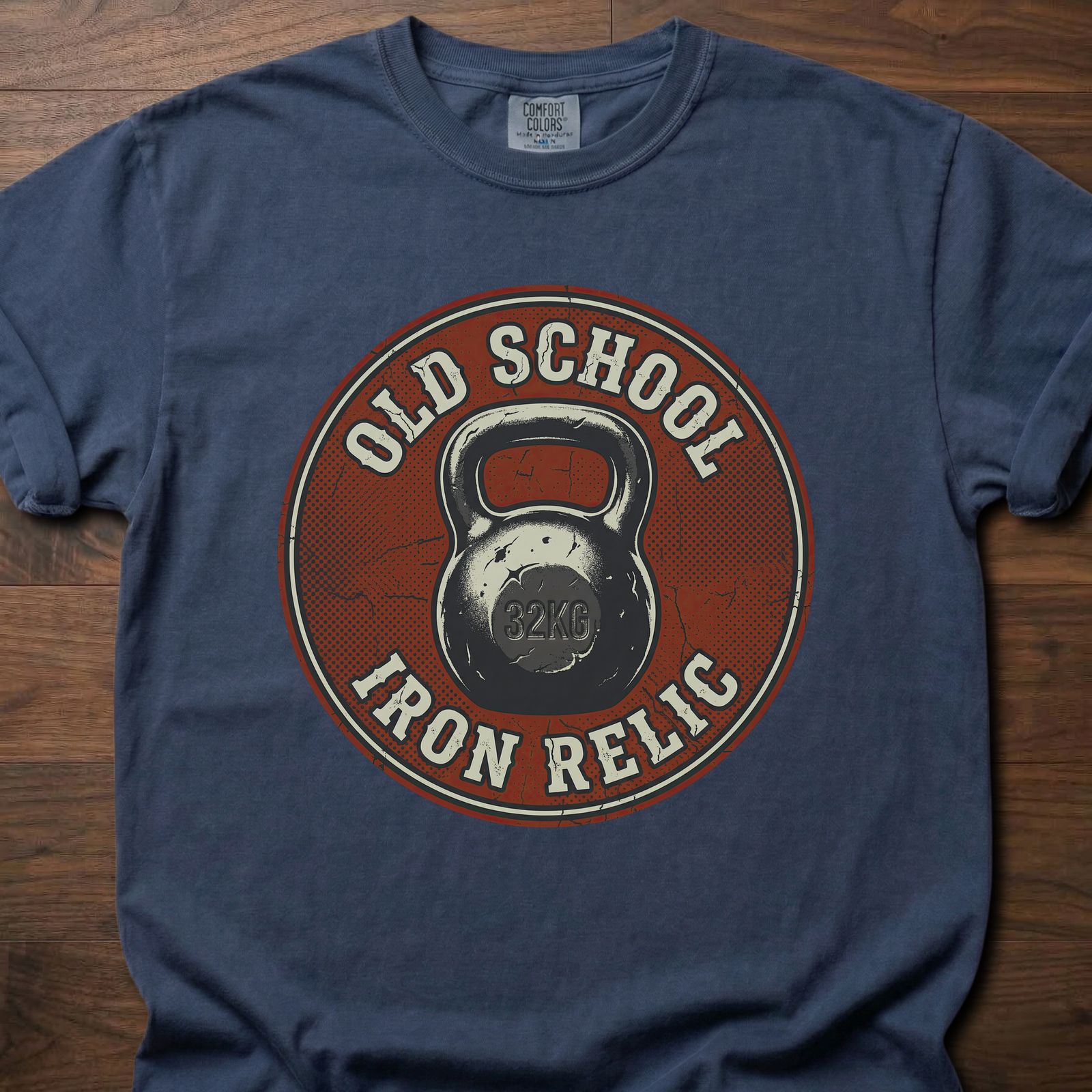 Old School Iron Relic strength training t-shirt featuring vintage kettlebell design – Navy