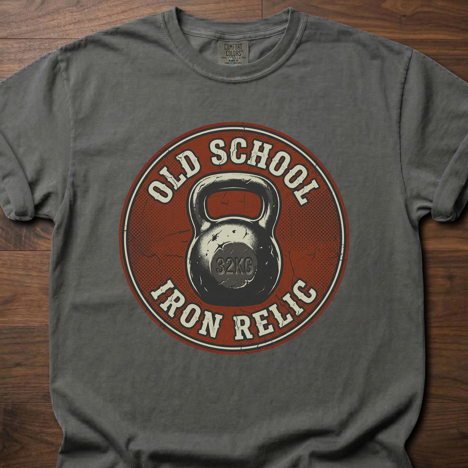 Old School Iron Relic strength training t-shirt featuring vintage kettlebell design – Pepper