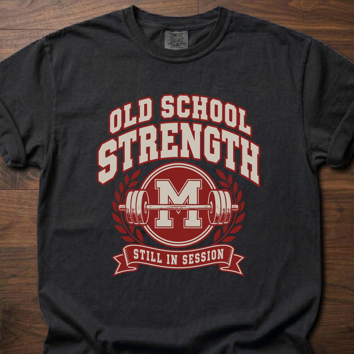Old School Strength strength training t-shirt with vintage collegiate-style graphic – Black