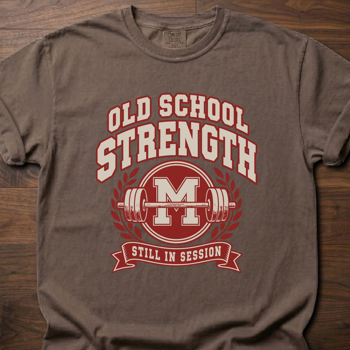 Old School Strength strength training t-shirt with vintage collegiate-style graphic – Espresso