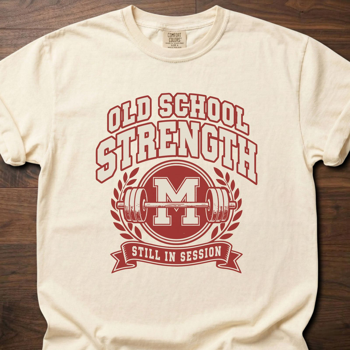 Old School Strength strength training t-shirt with vintage collegiate-style graphic – Ivory