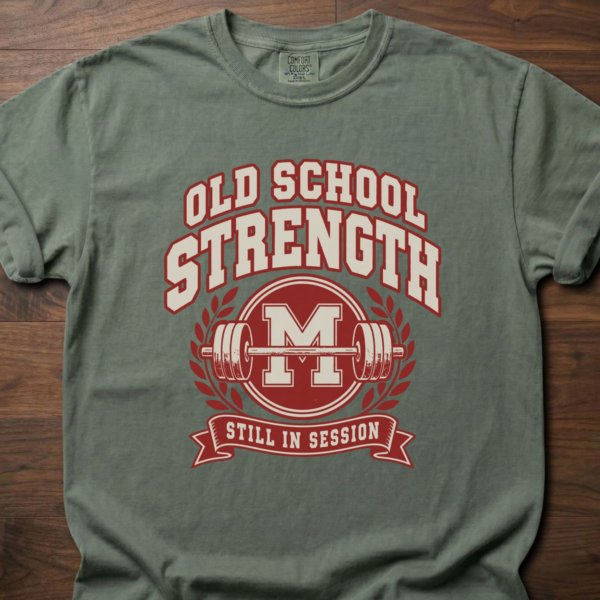 Old School Strength strength training t-shirt with vintage collegiate-style graphic – Moss