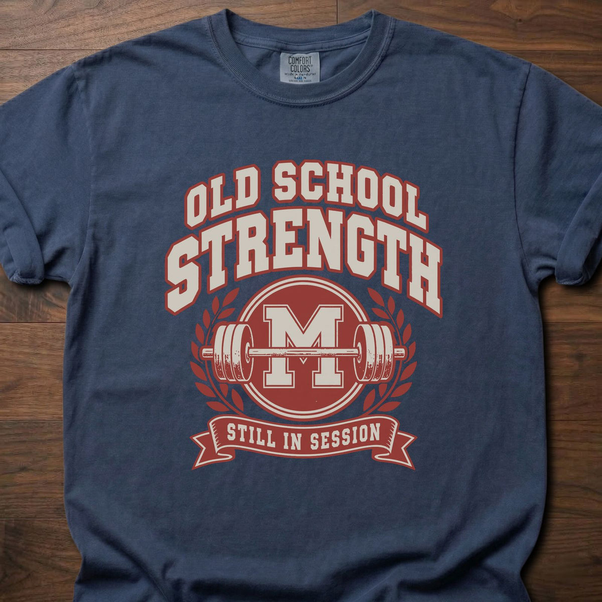 Old School Strength strength training t-shirt with vintage collegiate-style graphic – Navy