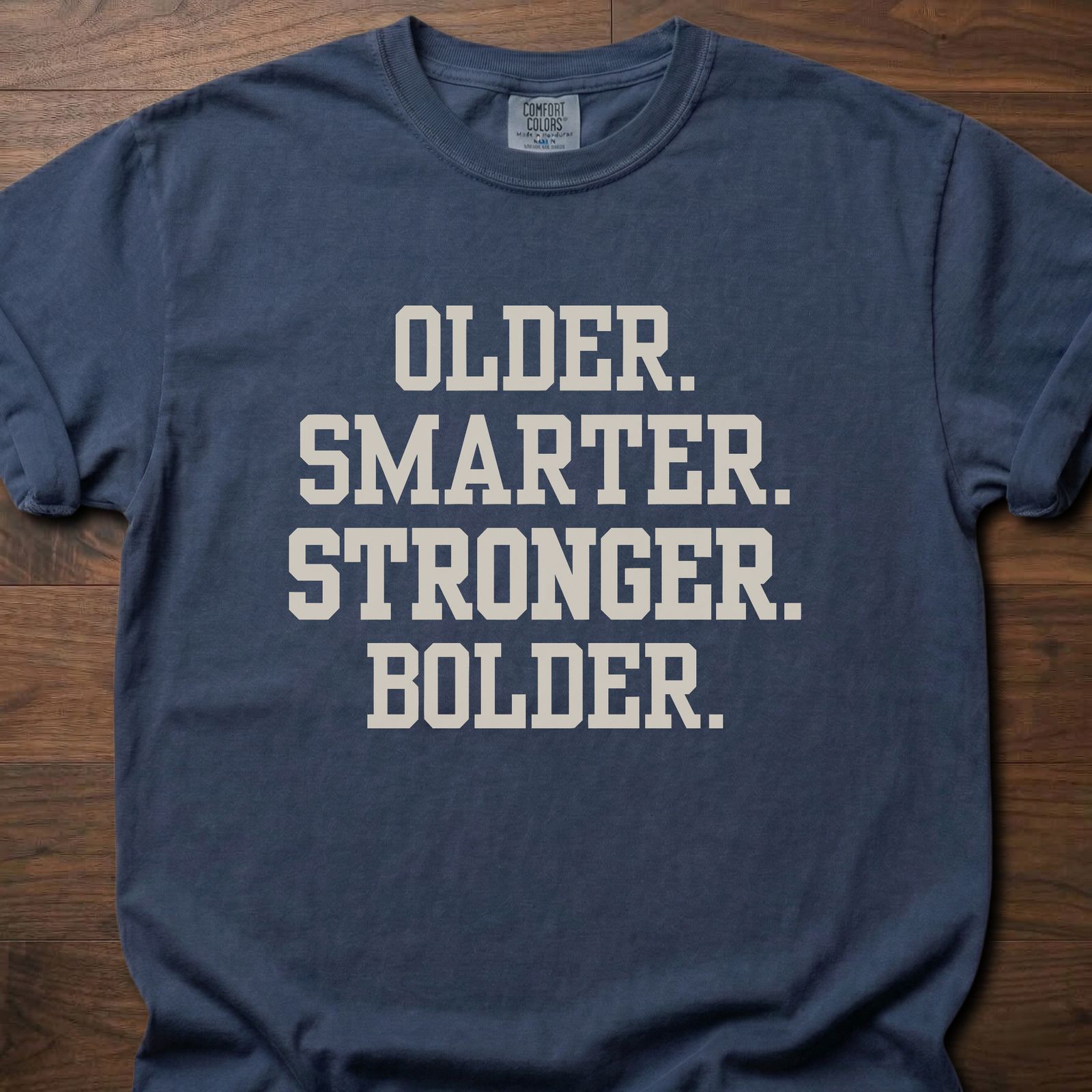 Older Smarter Stronger Bolder strength training t-shirt with bold statement typography – Navy
