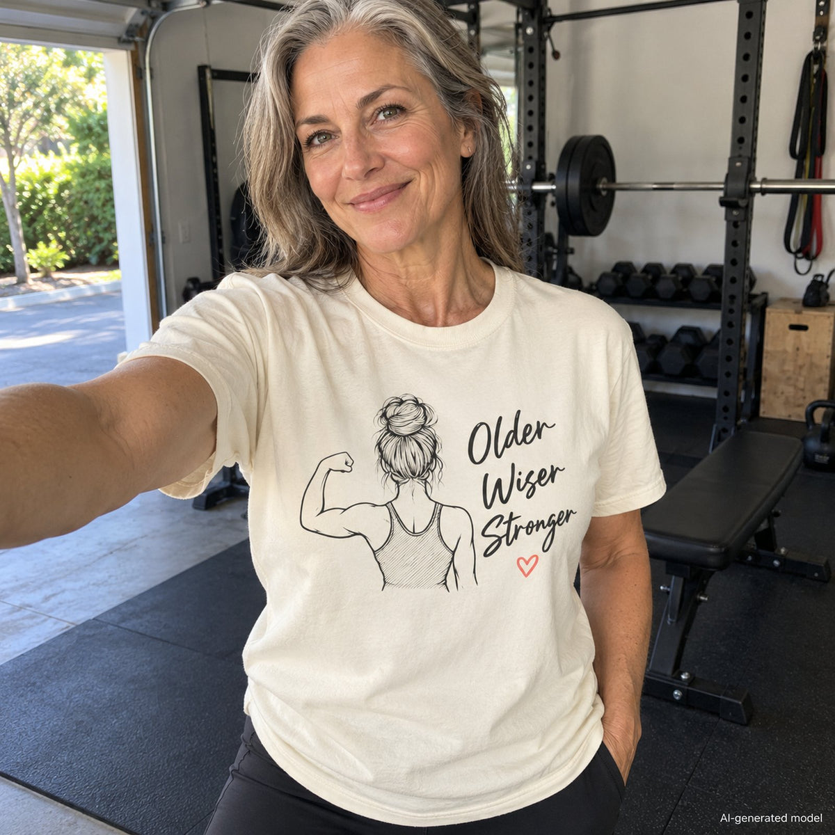 Older Wiser Stronger gym shirt with hand-drawn feminine strength illustration and script graphic – Ivory. Woman taking a selfie in her garage gym.