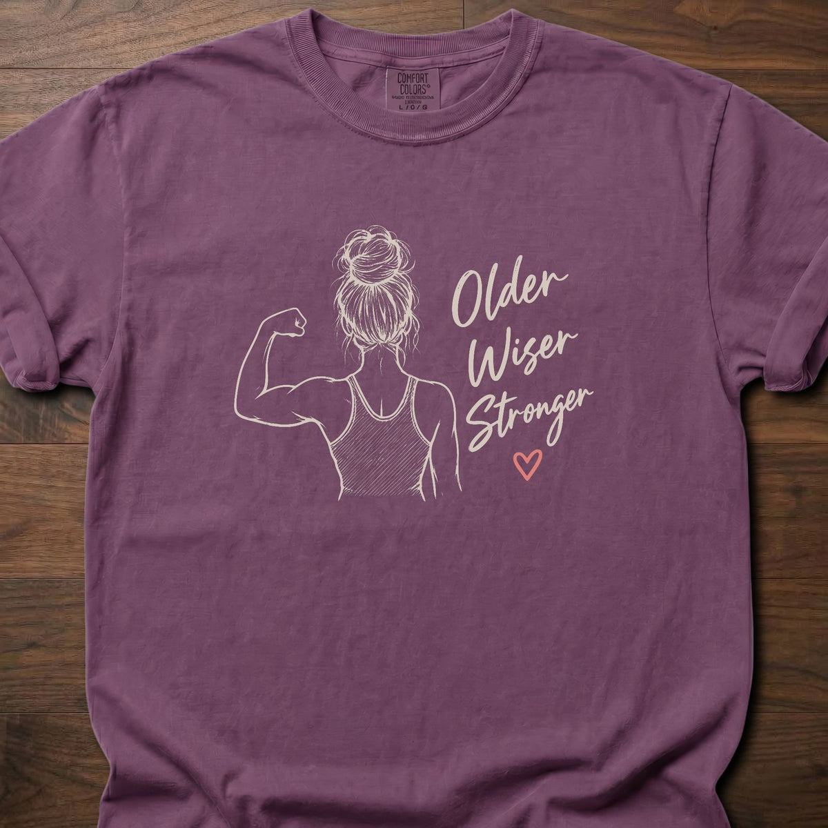 Older Wiser Stronger gym shirt with hand-drawn feminine strength illustration and script graphic – Berry