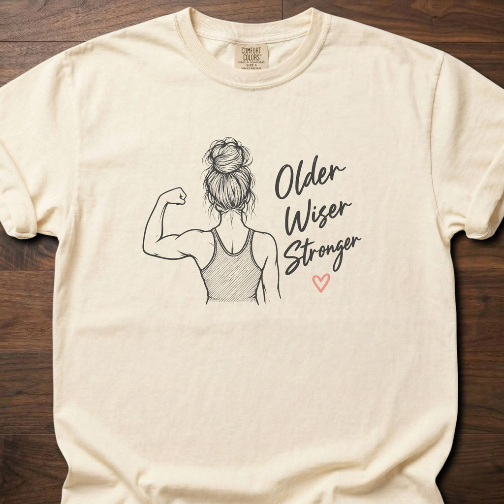 Older Wiser Stronger gym shirt with hand-drawn feminine strength illustration and script graphic – Ivory