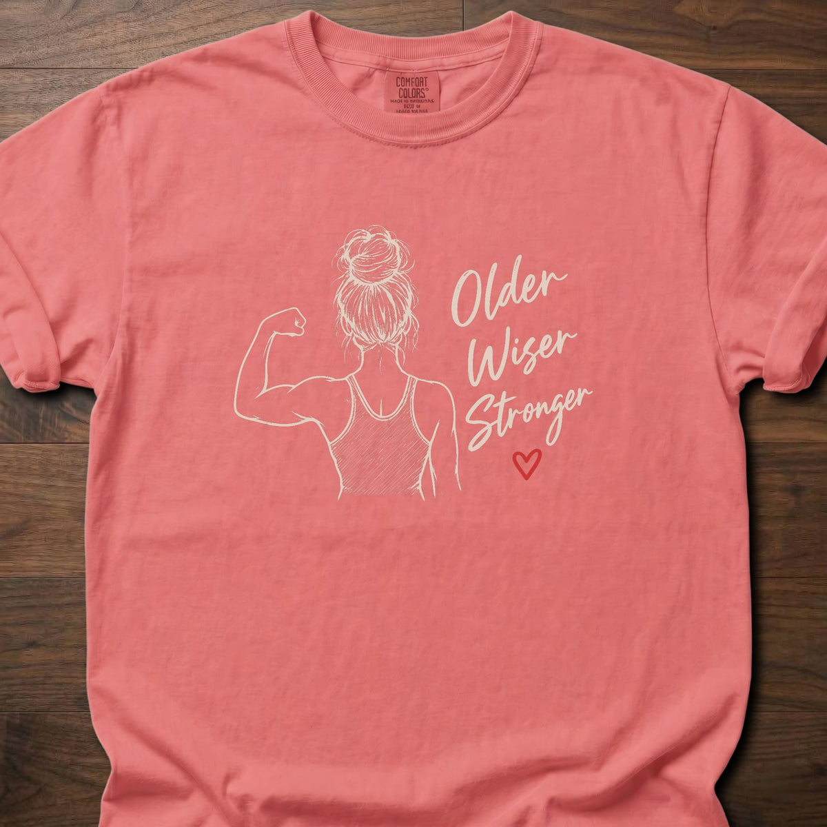 Older Wiser Stronger gym shirt with hand-drawn feminine strength illustration and script graphic – Watermelon