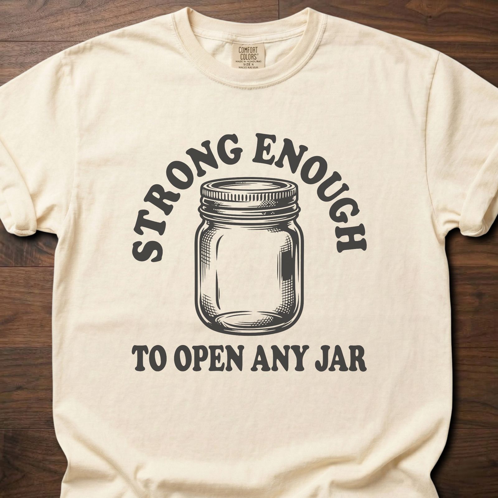 Open Any Jar strength training t-shirt featuring mason jar graphic and bold text design – Ivory