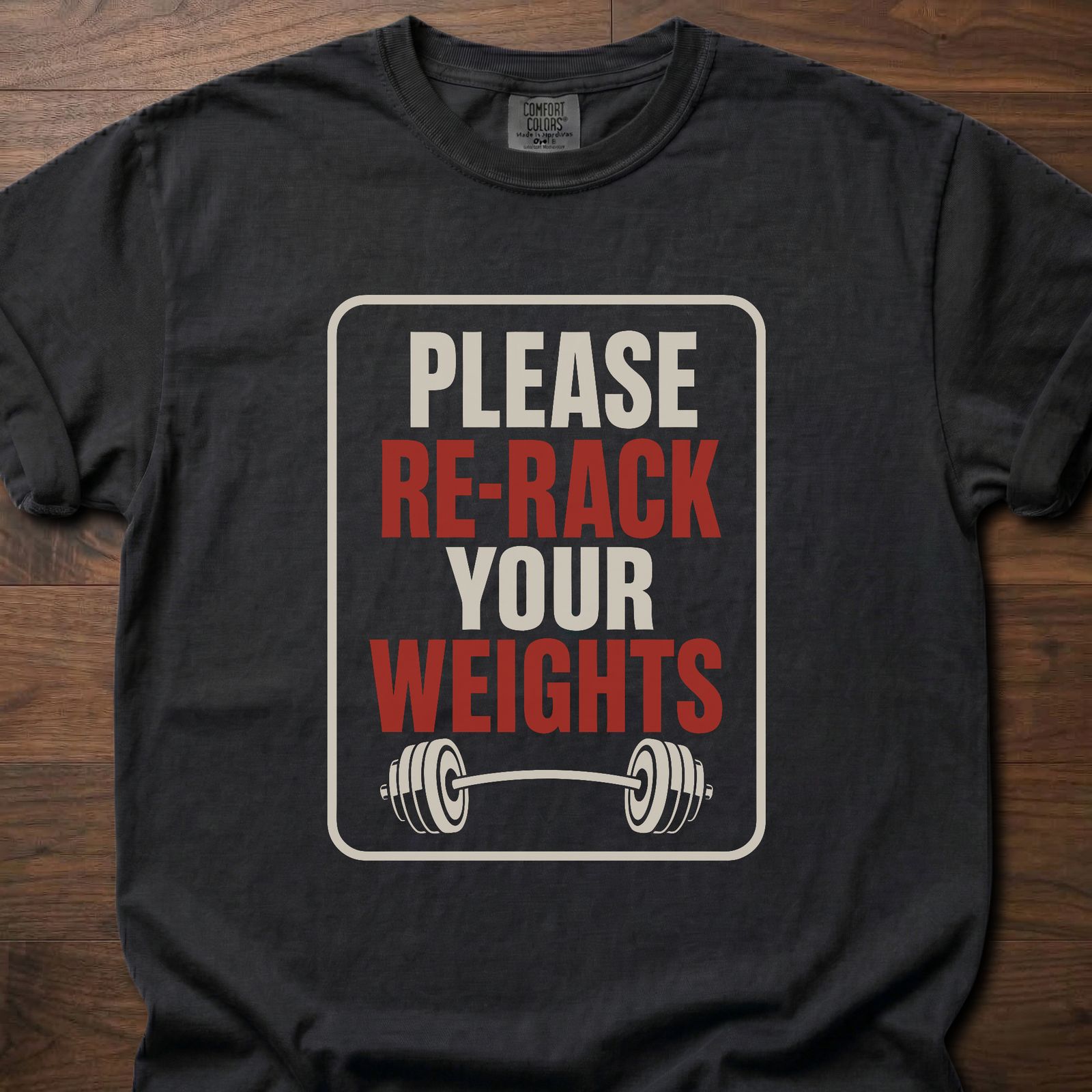 Please Re-Rack Your Weights T-Shirt with barbell icon gym lifestyle shirt – Black