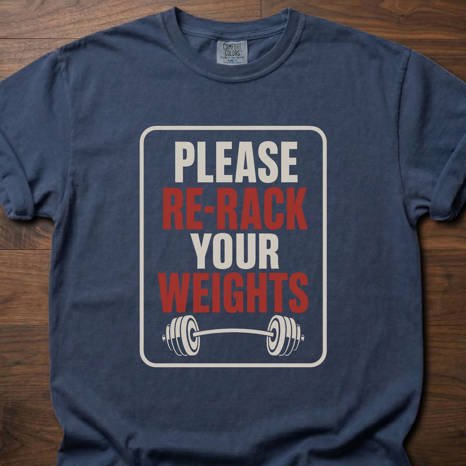 Please Re-Rack Your Weights T-Shirt with barbell icon gym lifestyle shirt – Navy