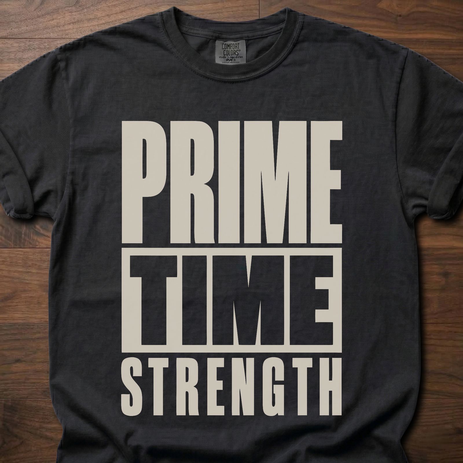 Prime-Time Strength gym lifestyle shirt with bold stacked block letter typography – Black